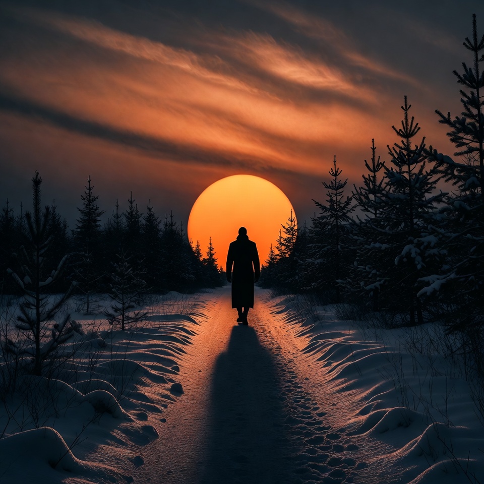 Walking towards the sunset in winter Walking towards the sunset in winter