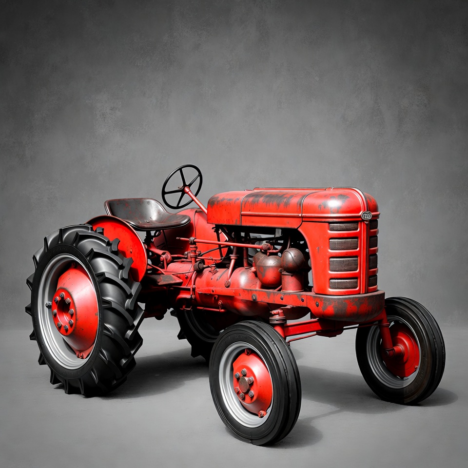 Red tractor on display in studio Red tractor on display in studio