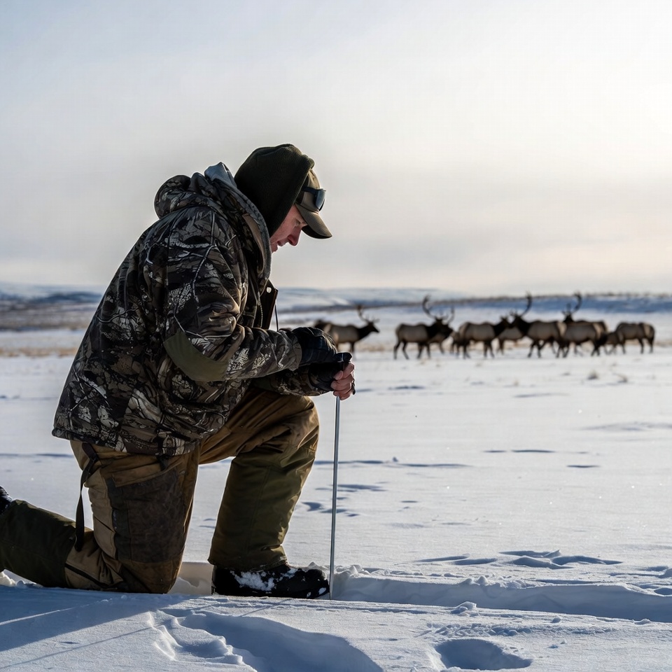 Hunter kneeling in snowy landscape during winter Hunter kneeling in snowy landscape during winter