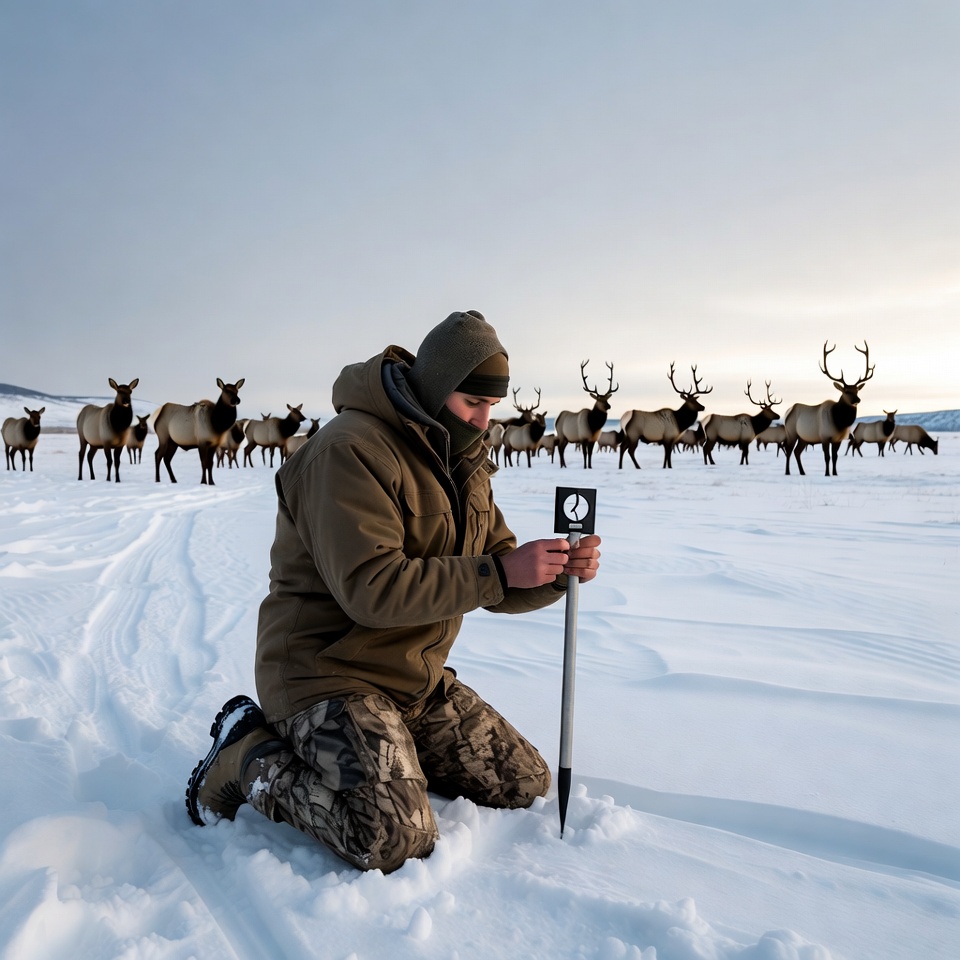 Hunter conducts research in snowy field Hunter conducts research in snowy field
