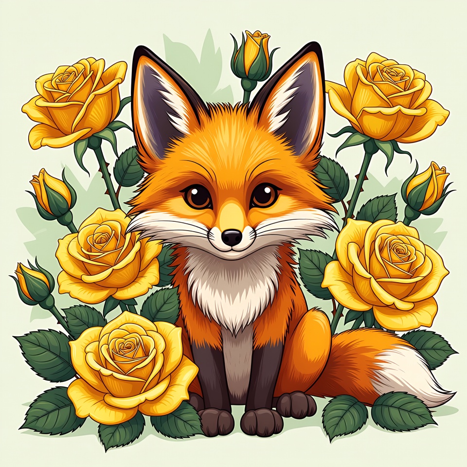 Fox sitting among yellow roses Fox sitting among yellow roses