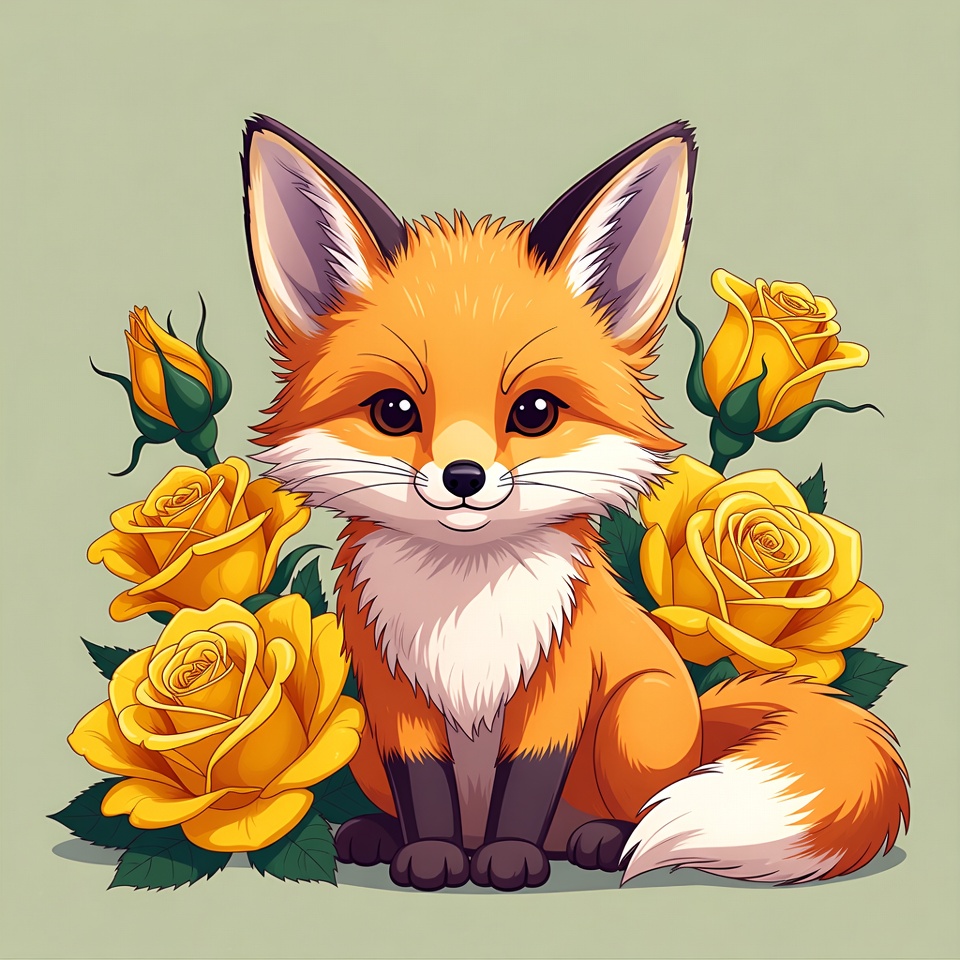 Fox sitting among yellow roses Fox sitting among yellow roses