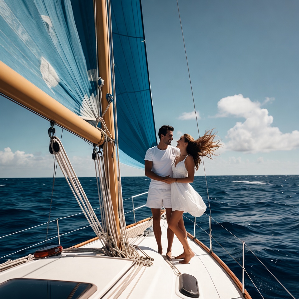Couple sailing on a boat in the ocean Couple sailing on a boat in the ocean