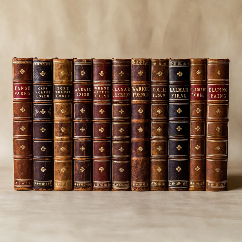 Collection of leather-bound books on display Collection of leather-bound books on display