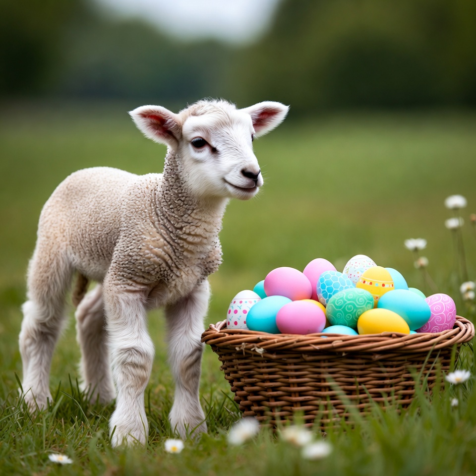 Lamb with easter eggs in field Lamb with easter eggs in field