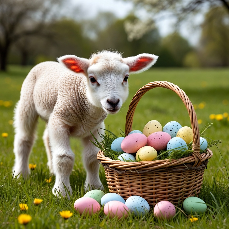 Lamb near basket of colorful eggs Lamb near basket of colorful eggs