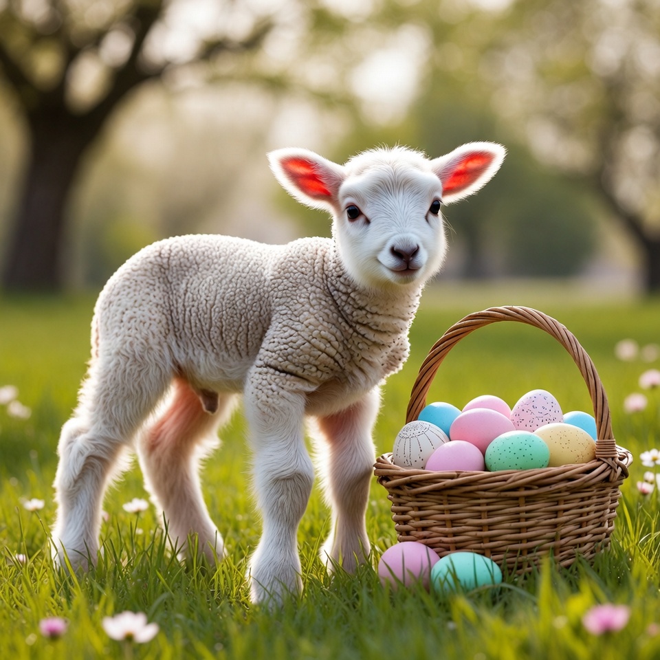 Lamb with easter eggs in spring grass Lamb with easter eggs in spring grass