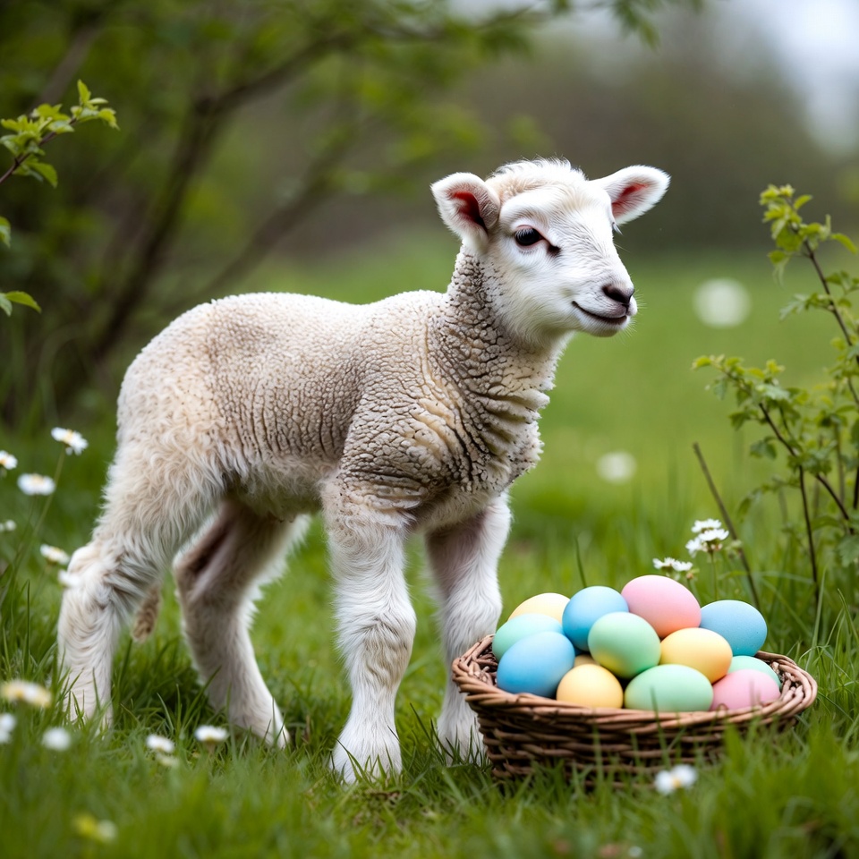 Lamb and colorful eggs in spring Lamb and colorful eggs in spring