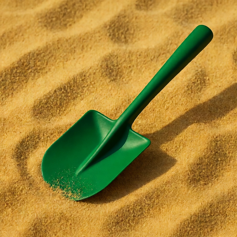 Green shovel in yellow sand Green shovel in yellow sand