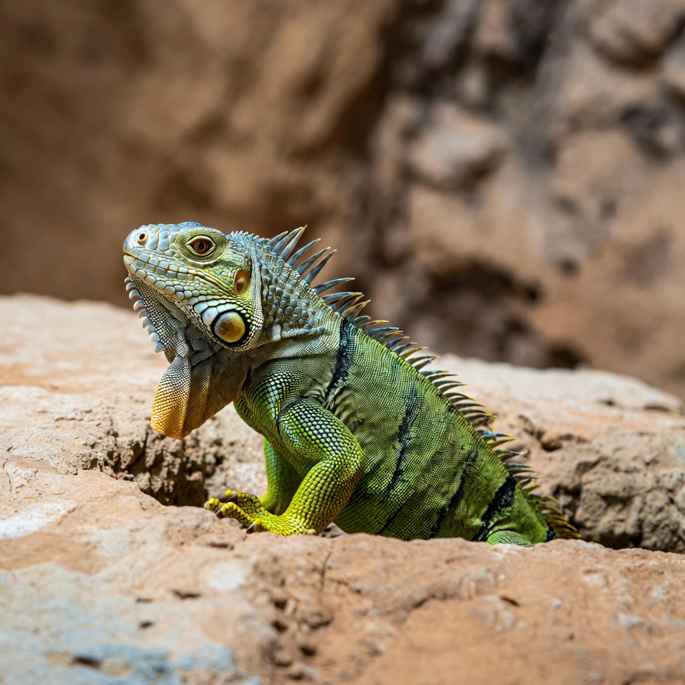 Iguana emerging from rock crevice Iguana emerging from rock crevice