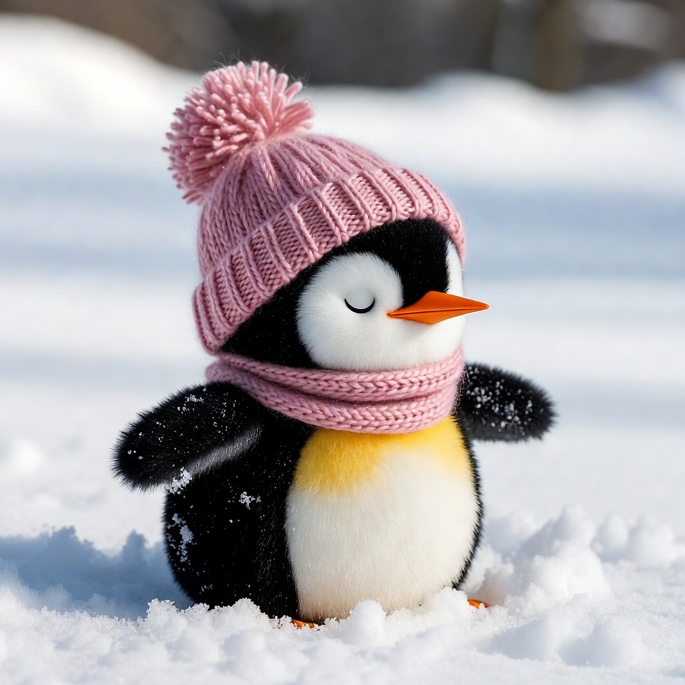 Penguin in snow wearing hat and scarf Penguin in snow wearing hat and scarf
