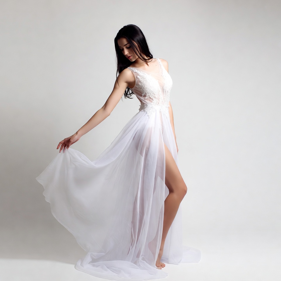 Model in white dress poses gracefully Model in white dress poses gracefully