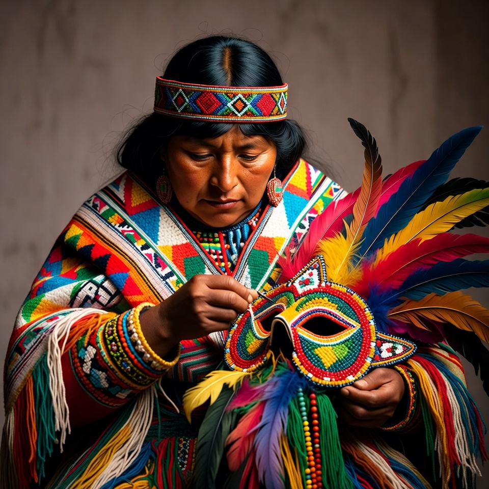Woman crafts colorfully adorned mask Woman crafts colorfully adorned mask