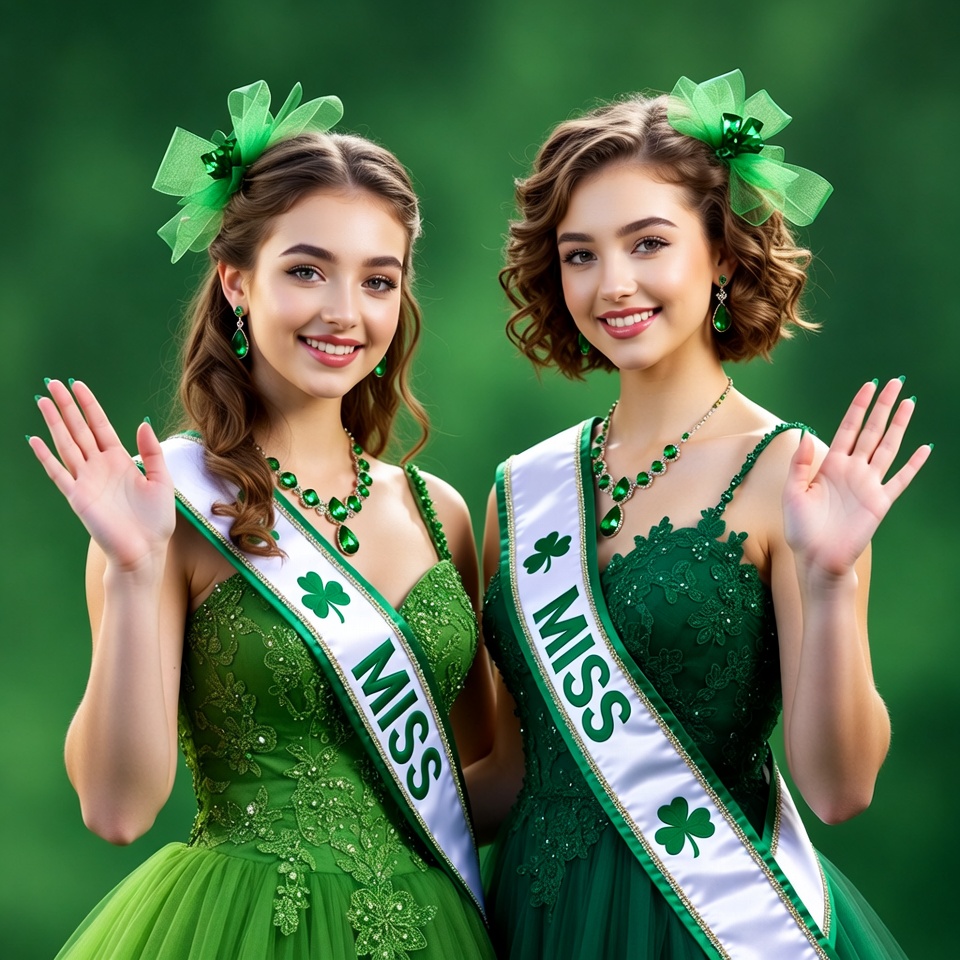 Girls in green dresses wave Girls in green dresses wave