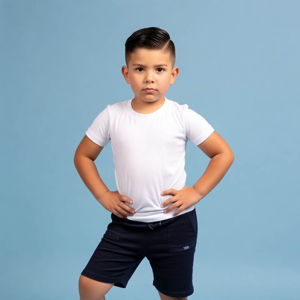 Young boy posing against blue background Young boy posing against blue background