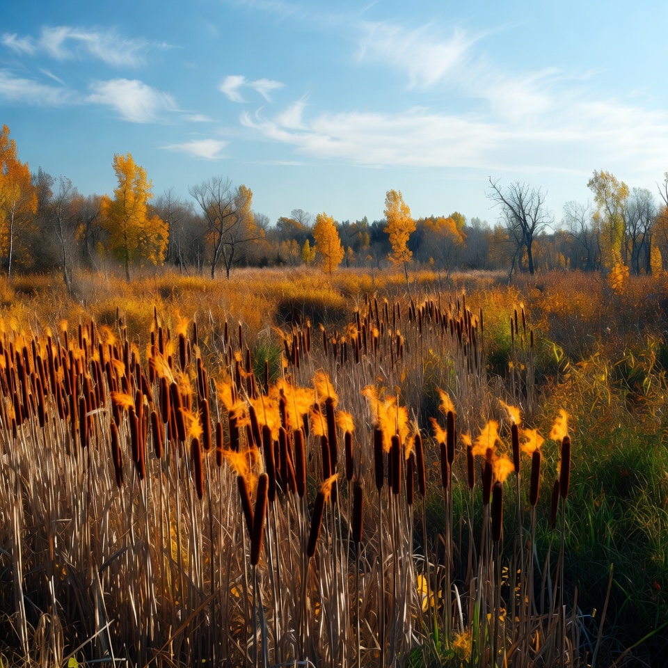 Autumn landscape with cattails by wetland Autumn landscape with cattails by wetland