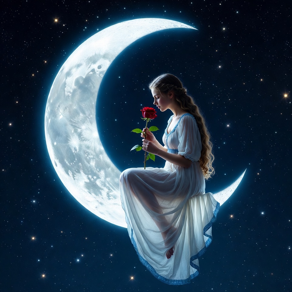 Woman holding rose on moon Woman holding rose on moon