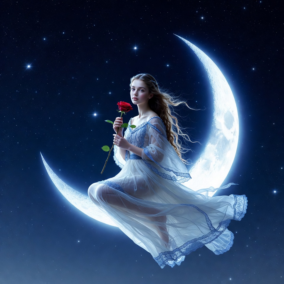 Woman sitting on moon with rose Woman sitting on moon with rose