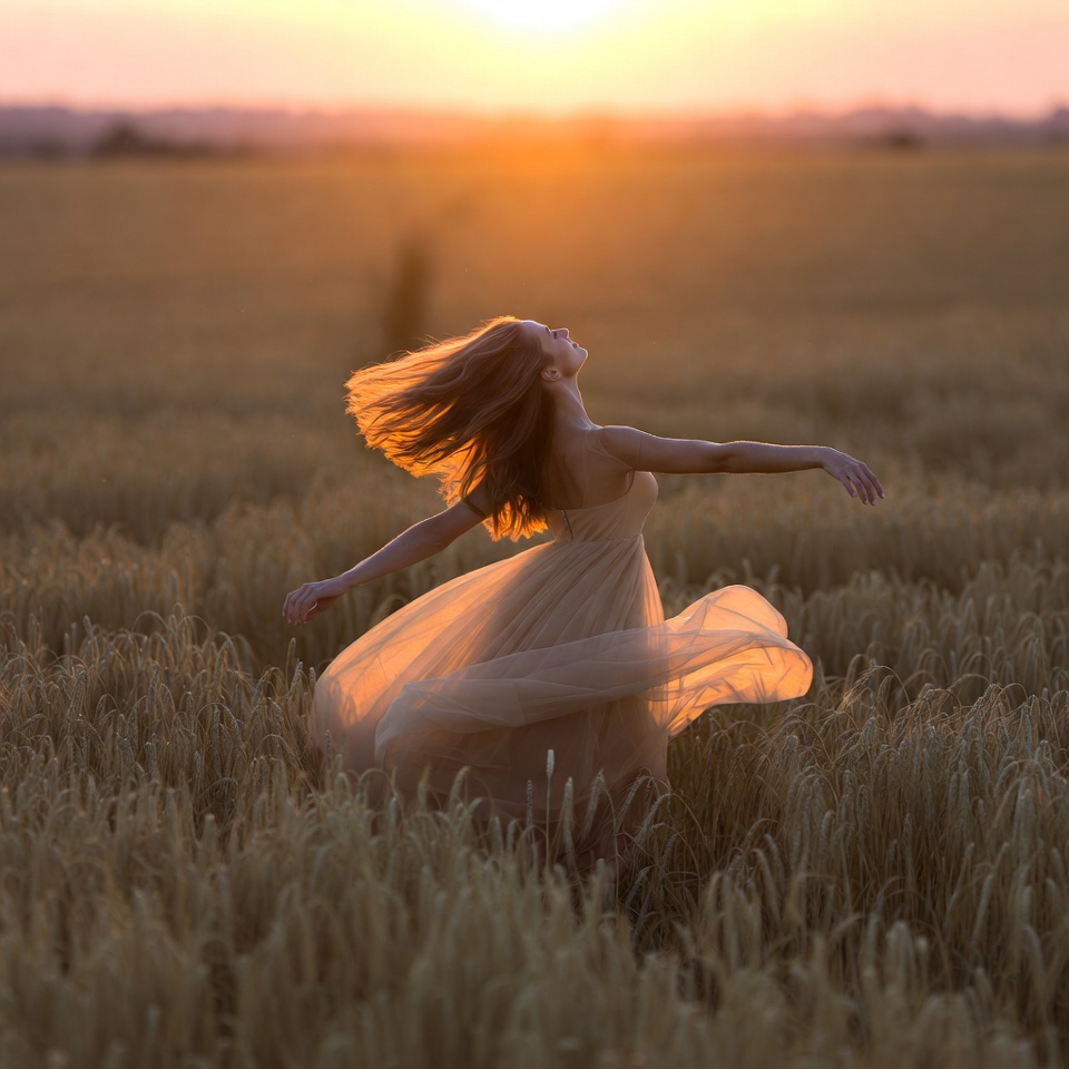 Woman dancing at sunset in a field Woman dancing at sunset in a field
