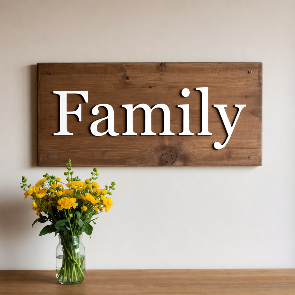 Wood sign with family arrangement and flowers Wood sign with family arrangement and flowers
