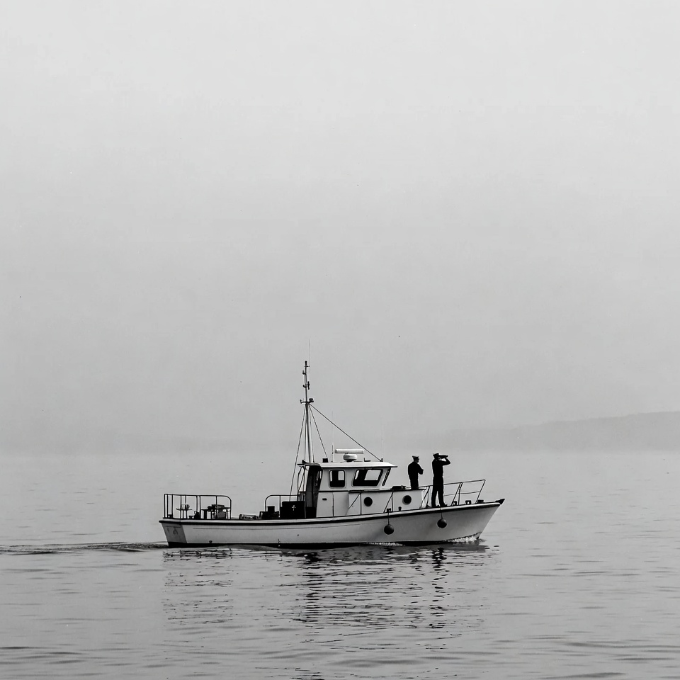 Fishing boat cruising in fog Fishing boat cruising in fog