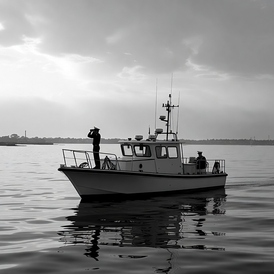 Boat on calm water with crew Boat on calm water with crew