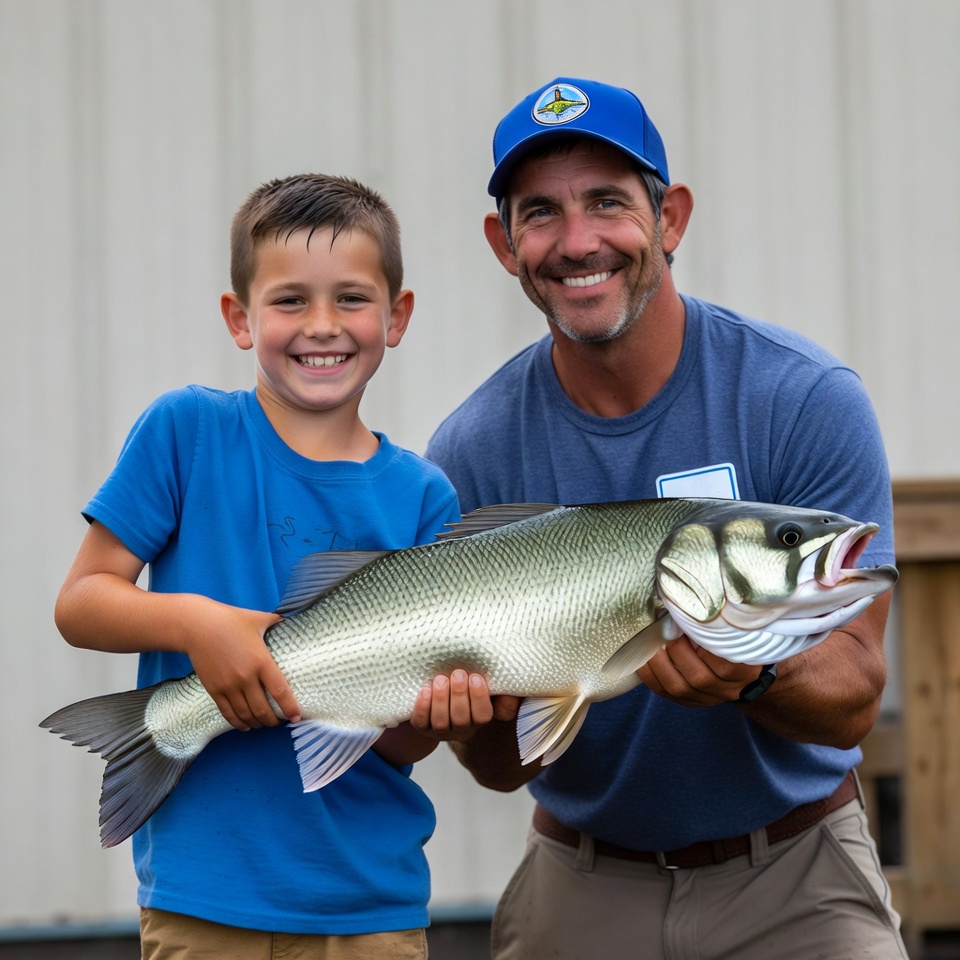 Boy catches big fish with adult Boy catches big fish with adult