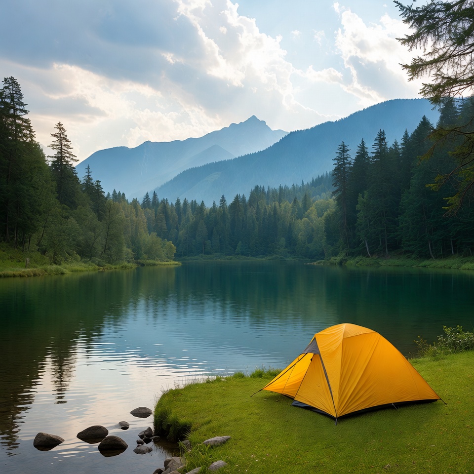 Yellow tent by the lake Yellow tent by the lake