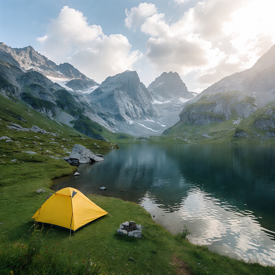 Camp near the lake and mountains Camp near the lake and mountains