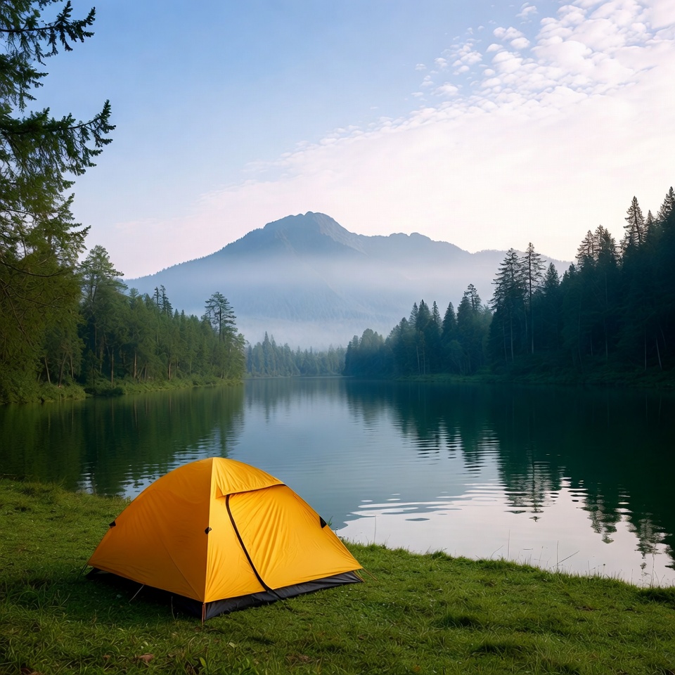 Camping by the river at dawn Camping by the river at dawn