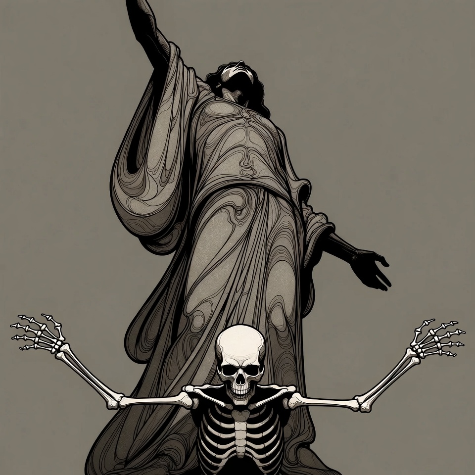 Skeleton in front of statue with arms raised Skeleton in front of statue with arms raised