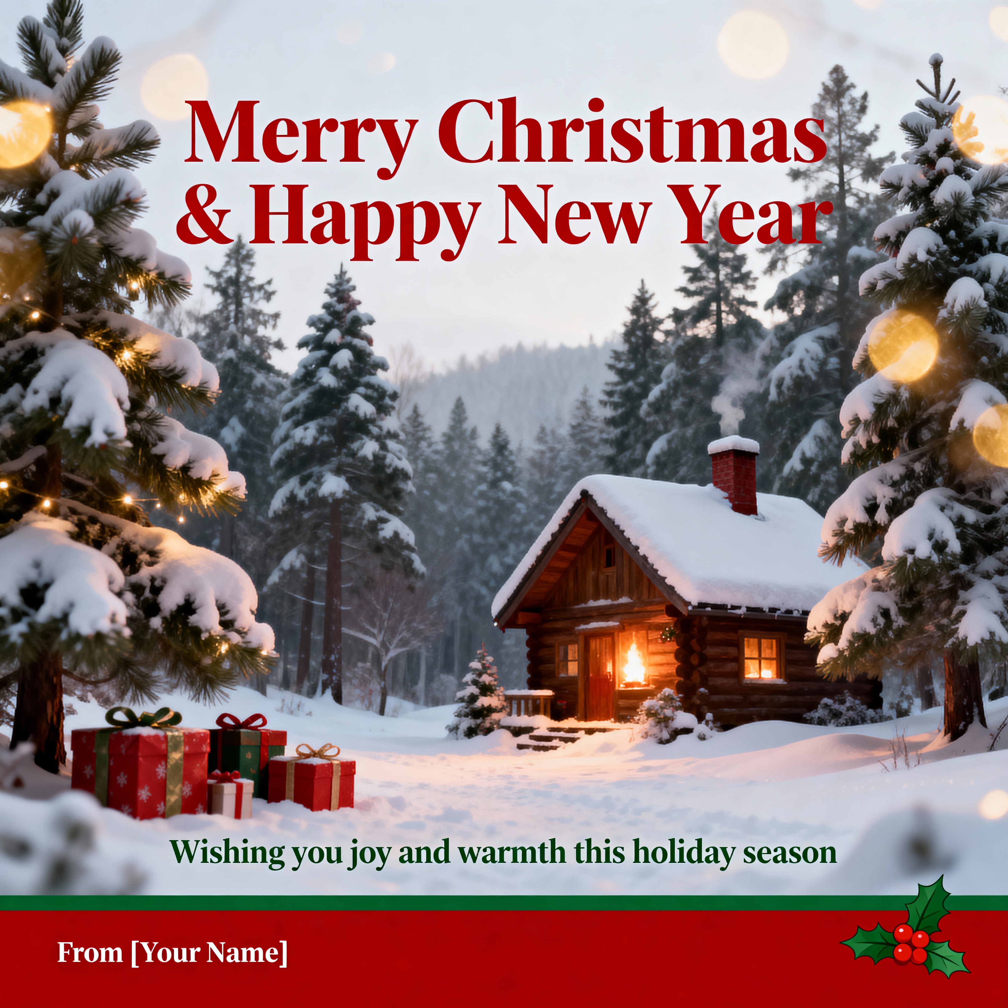 Cozy cabin in snowy forest scene Cozy cabin in snowy forest scene