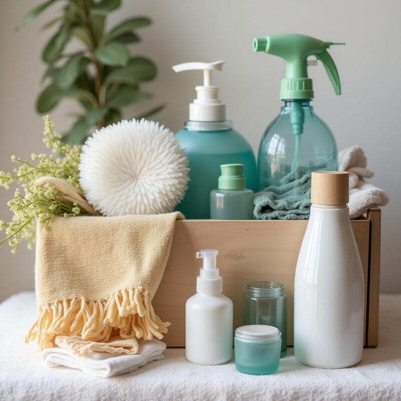Bathroom cleaning products in a wooden box Bathroom cleaning products in a wooden box