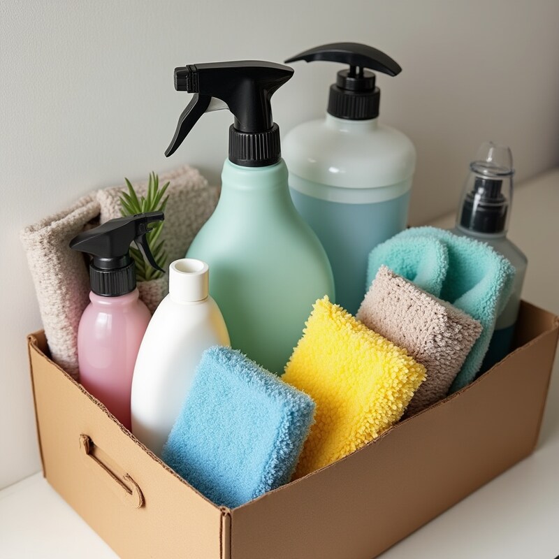 Cleaning supplies in storage box Cleaning supplies in storage box