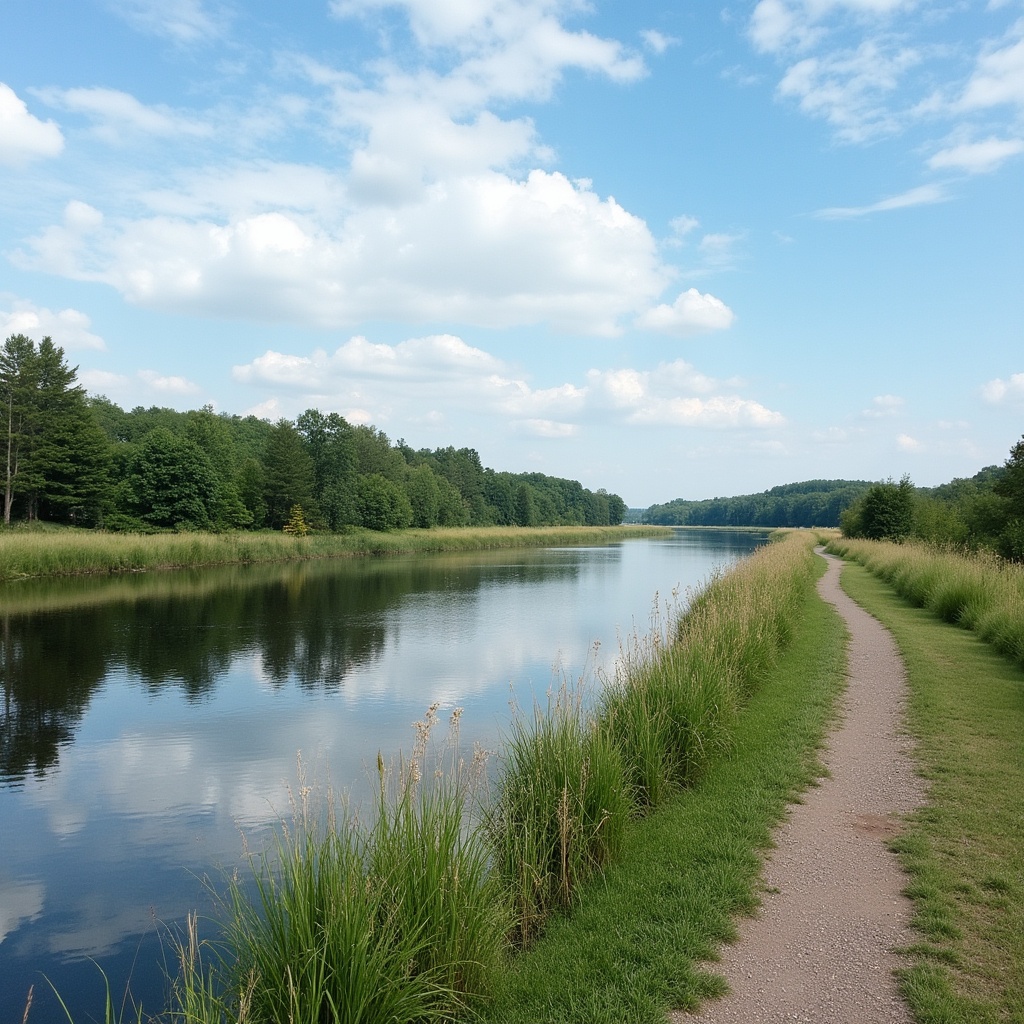 Calm river with path and trees Calm river with path and trees