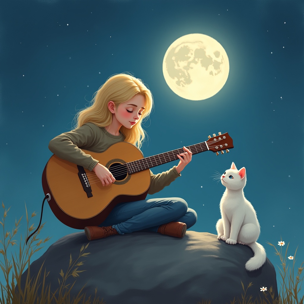 Girl plays guitar by moonlight Girl plays guitar by moonlight