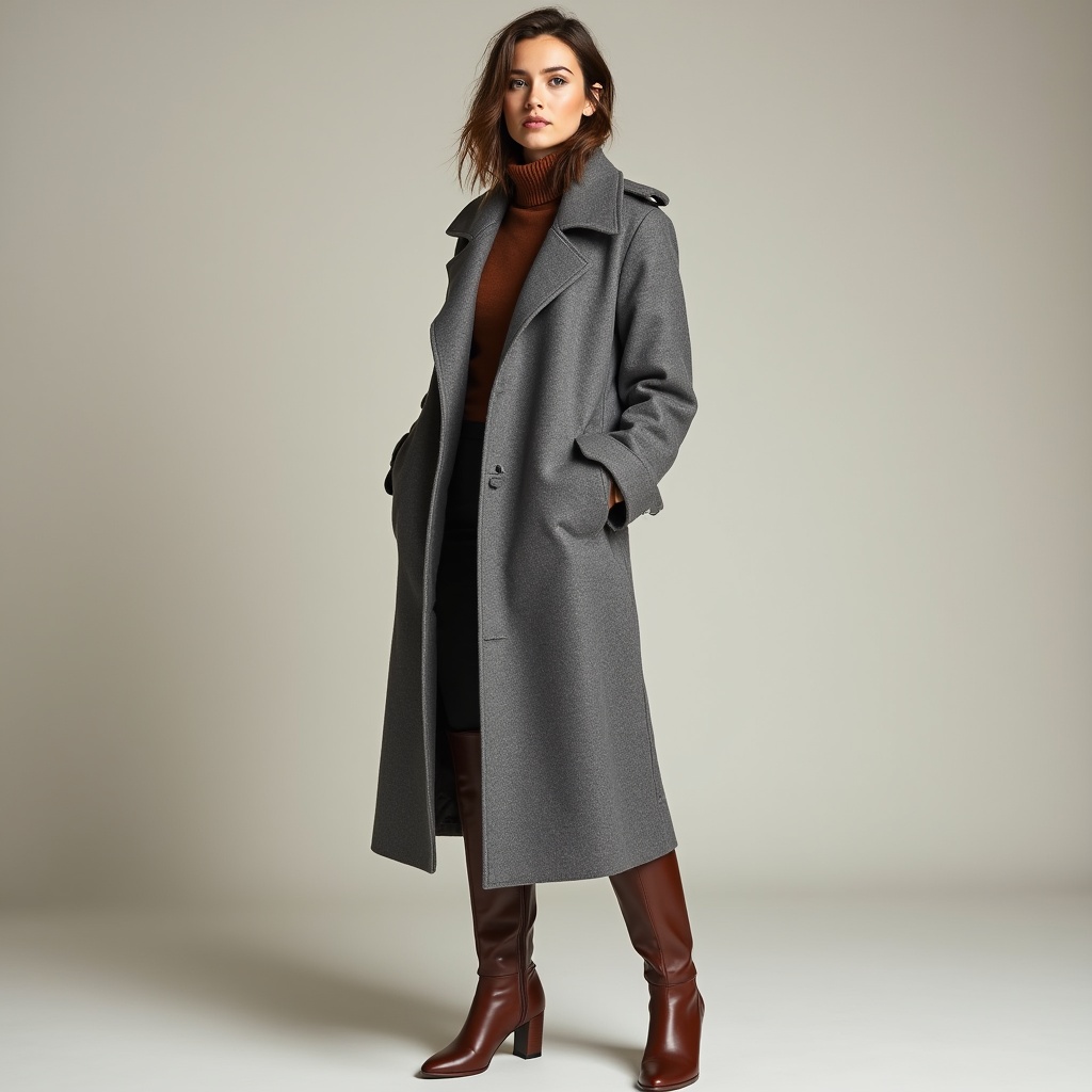 Woman in grey coat and brown boots Woman in grey coat and brown boots