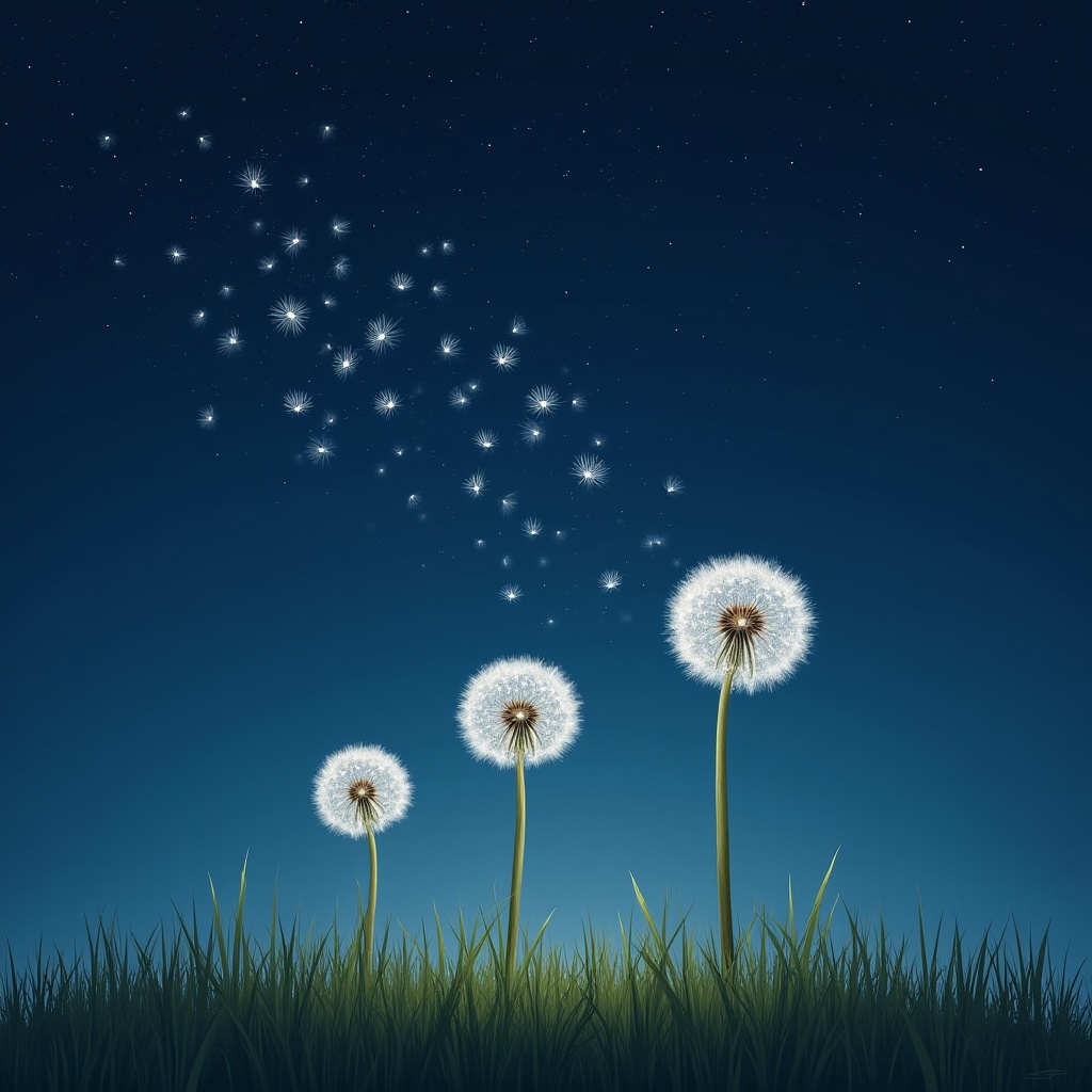 Dandelion seeds float in night sky Dandelion seeds float in night sky