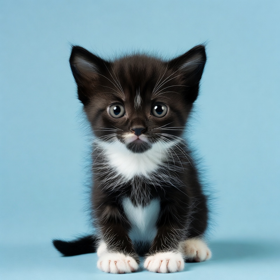 Cute black and white kitten on blue background Cute black and white kitten on blue background