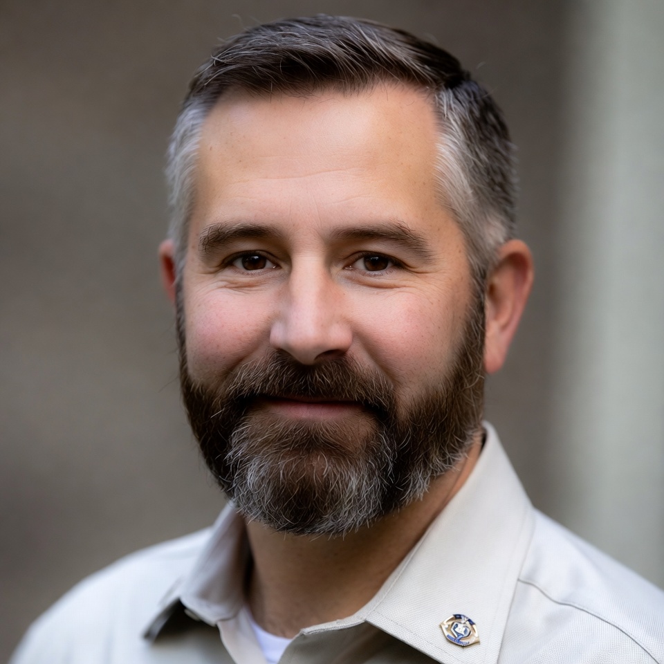 Man smiling in uniform indoors Man smiling in uniform indoors