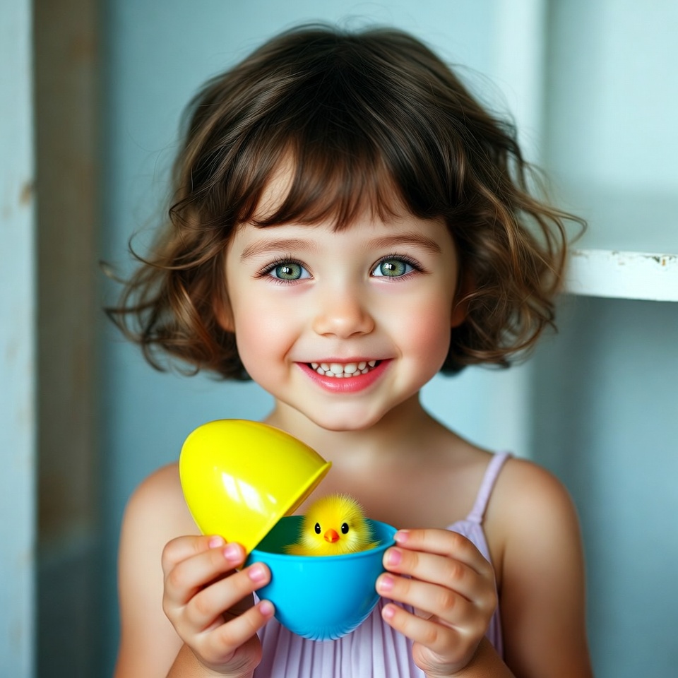 Smiling child with easter chick toy Smiling child with easter chick toy