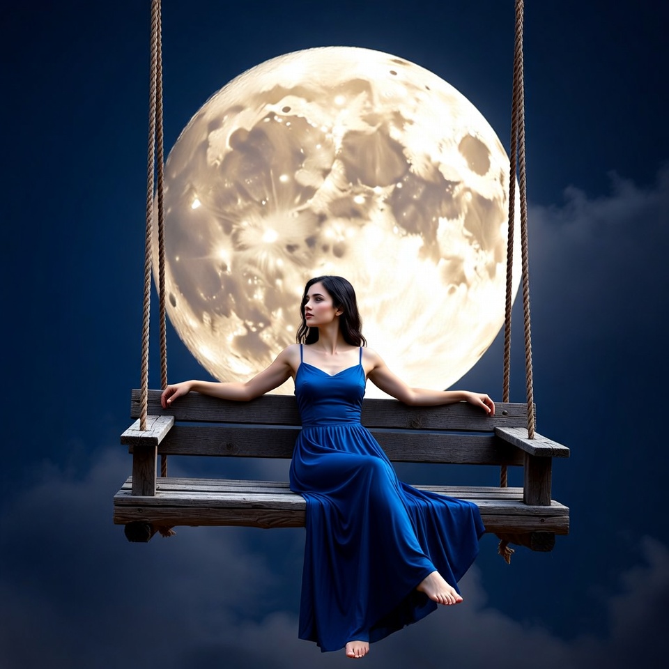 Woman on swing under full moon Woman on swing under full moon