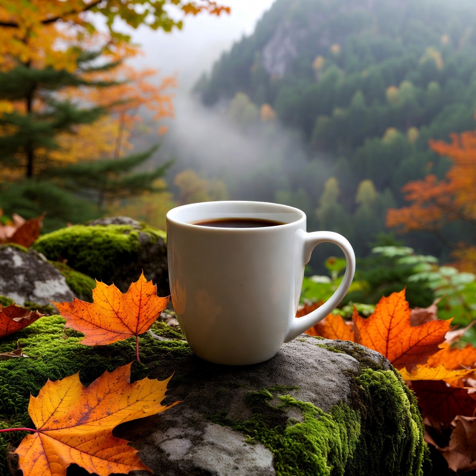 Coffee cup on a stone in autumn forest Coffee cup on a stone in autumn forest