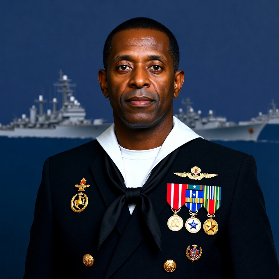 Navy officer with medals standing in uniform Navy officer with medals standing in uniform