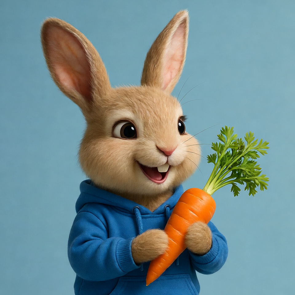 Rabbit holds carrot and smiles happily Rabbit holds carrot and smiles happily