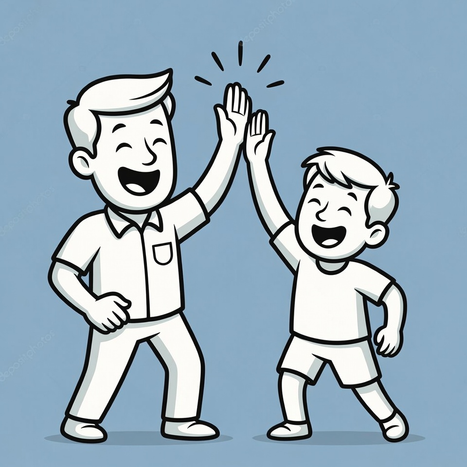 Father and son celebrate together in fun moment Father and son celebrate together in fun moment