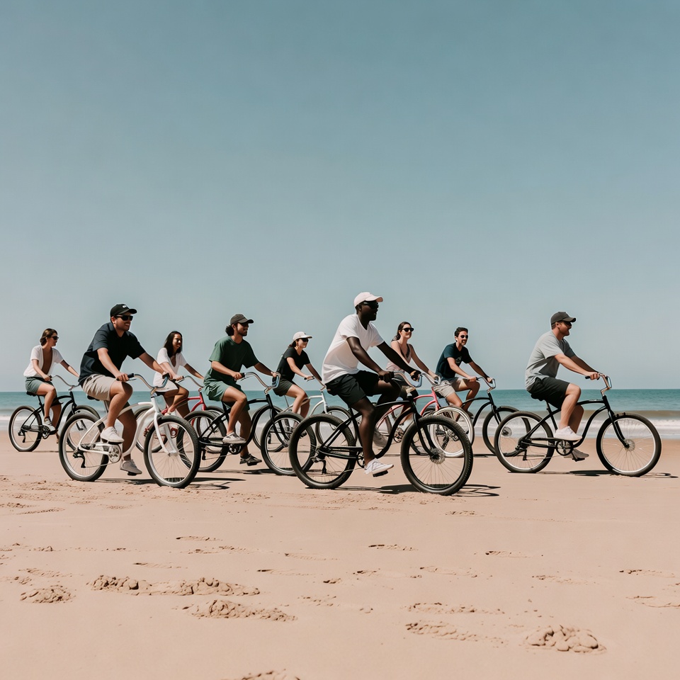 Group biking along the beach Group biking along the beach