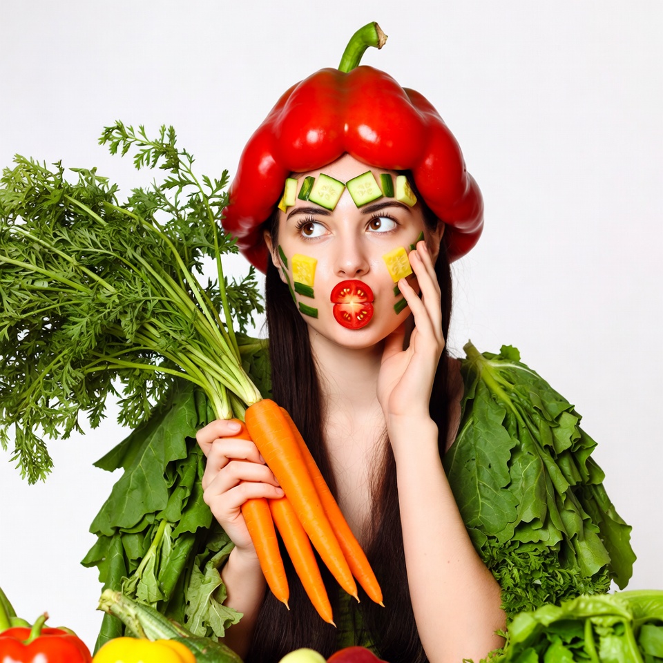 Woman with vegetable-themed outfit in kitchen Woman with vegetable-themed outfit in kitchen