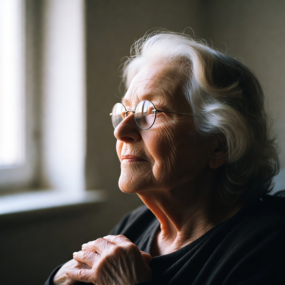 Elderly woman gazing by window Elderly woman gazing by window