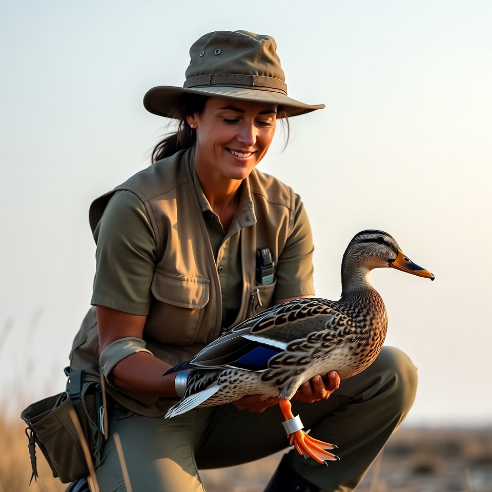 Wildlife biologist with duck at sunset Wildlife biologist with duck at sunset